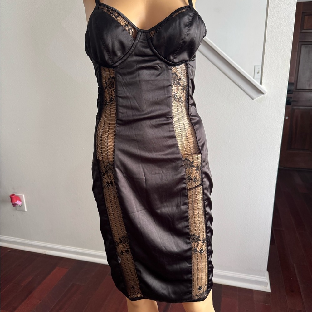 House of CB Black Satin & Lace Bodycon Dress size M